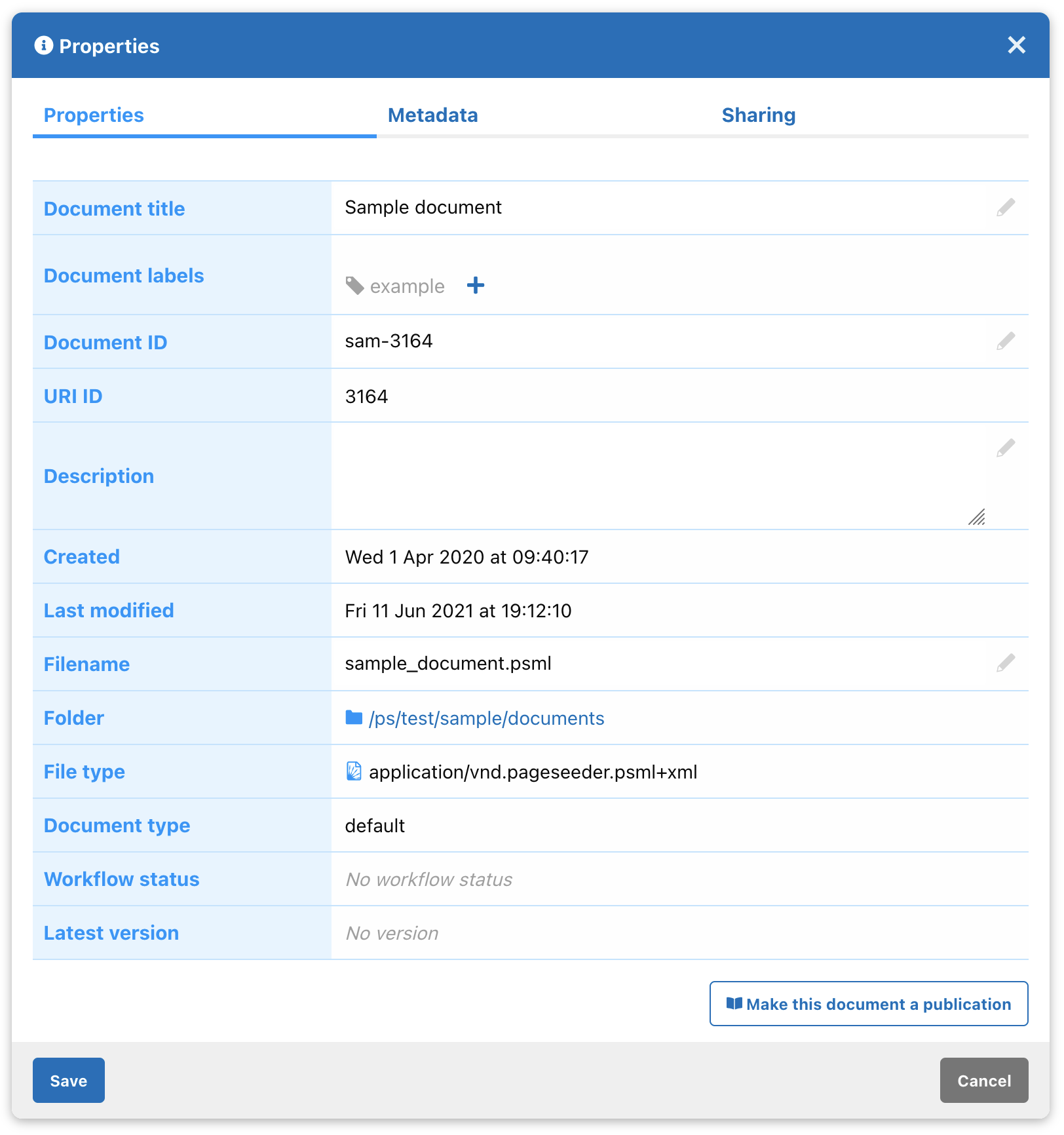 Document properties dialog