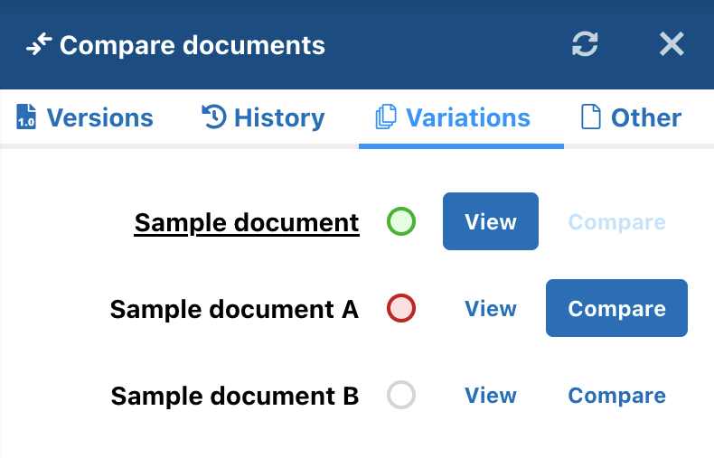 Compare panel – Variations