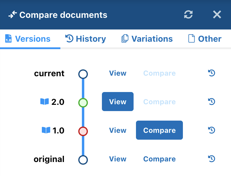 Compare panel – Versions