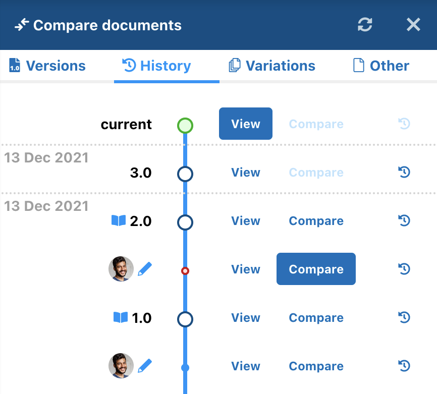 Compare panel – History